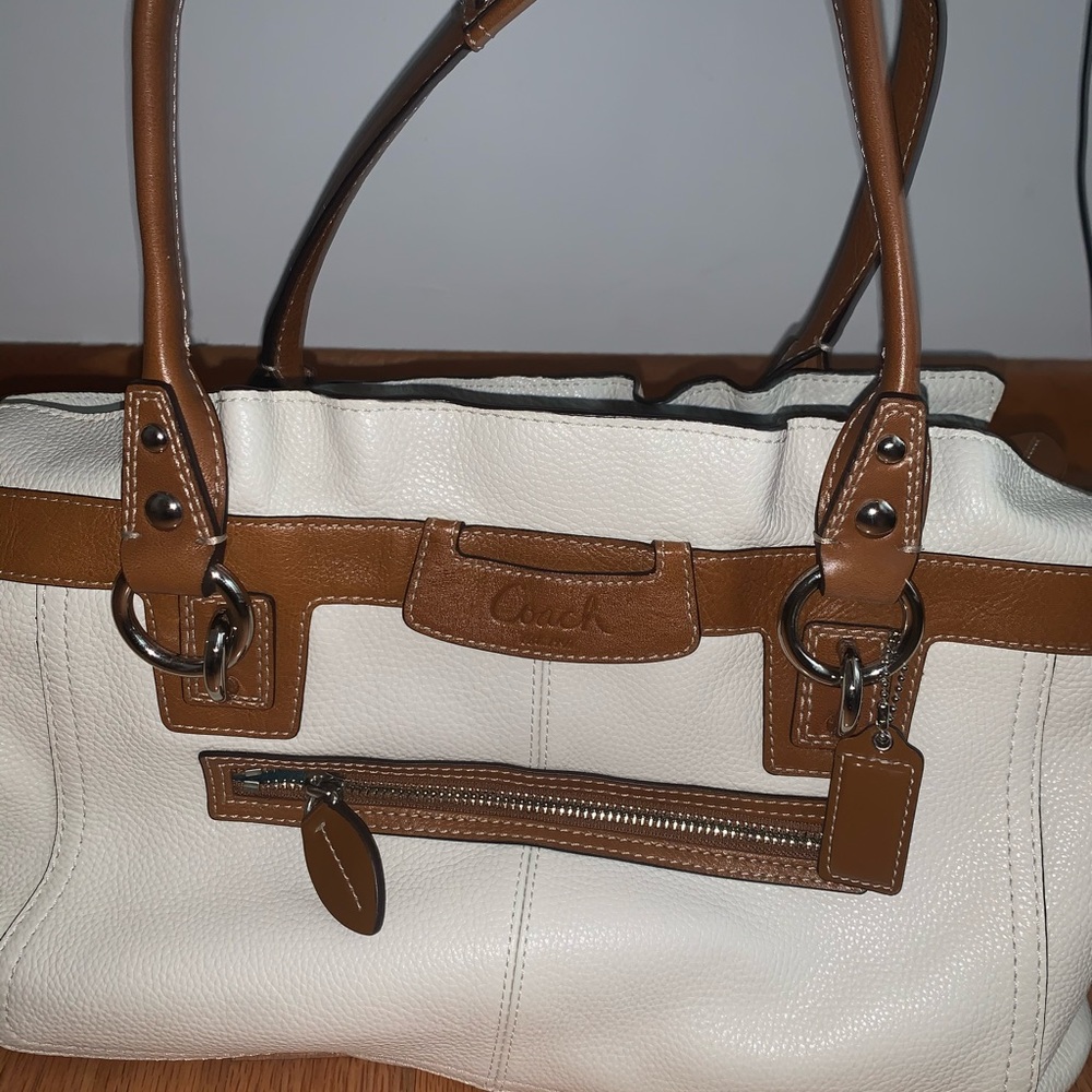 BROWN AND WHITE COACH BAG